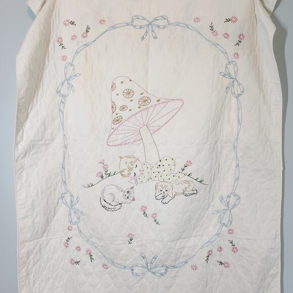 Cottagecore embroidered baby blanket mushroom cat dog flowers - Picture 2 of 12